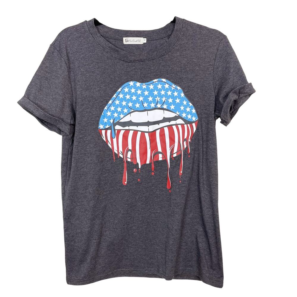 For Good PL Americana Biting Lips Graphic Tee Womens Medium M Heather Gray Crew